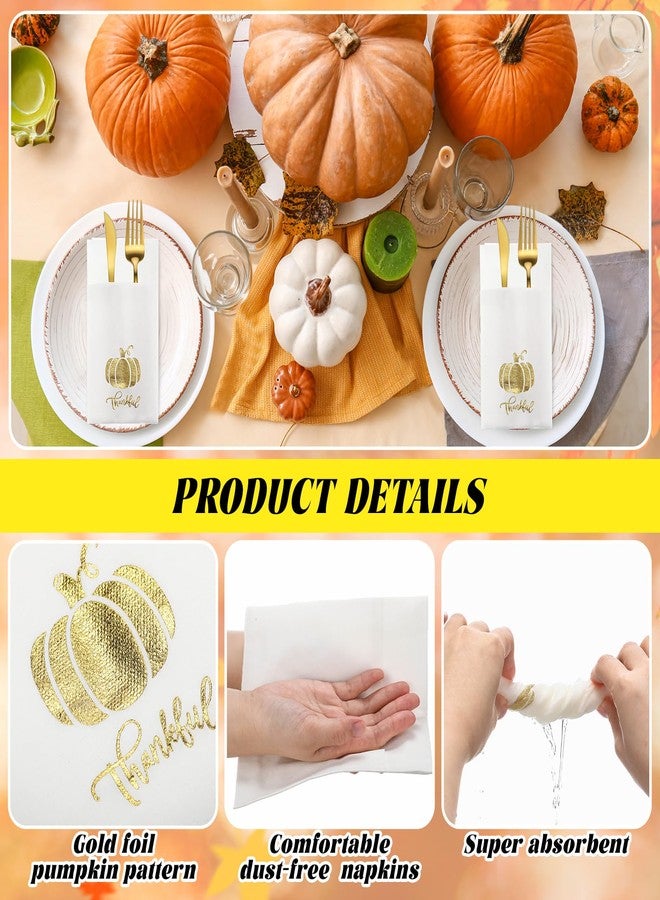 Janlaugh 100 Pcs Thanksgiving Napkins Disposable White and Gold Cloth Napkins with Pockets Fall Prefolded Pumpkin Paper Hand Towels for Autumn Thanksgiving Holiday Dinner Party Decor Supplies - Image 3